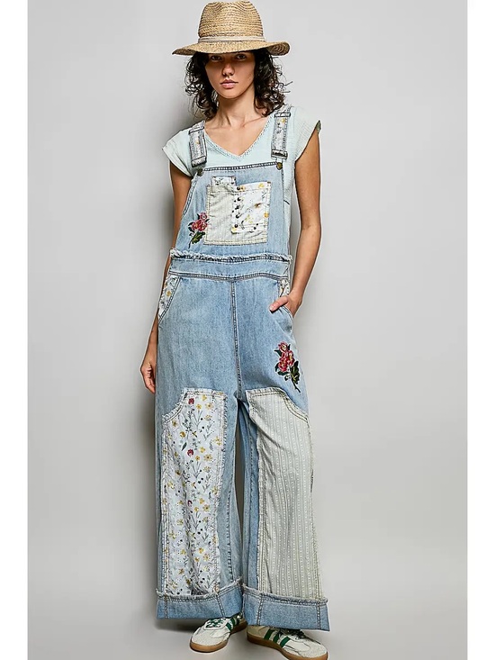 POL Denim - POL Oversized Fit Floral Patchwork Embroidery Overall - NWT